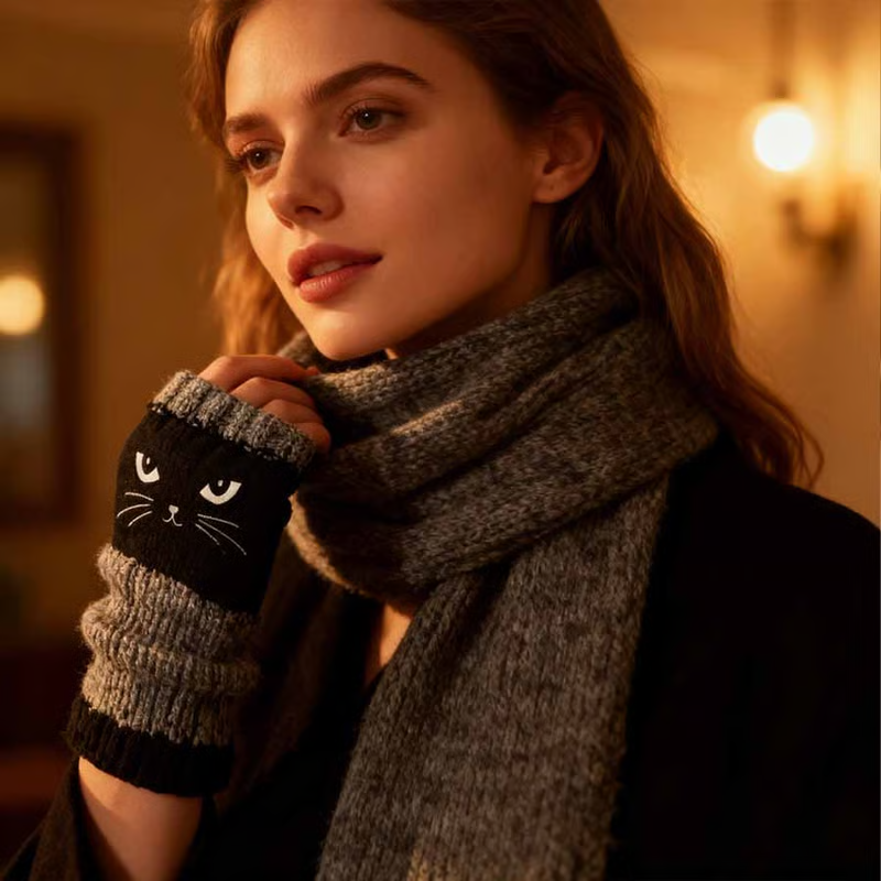 🐱 Niedliche Strickhandschuhe für Damen mit Katzenmotiv – für warme Hände und freie Finger🧶