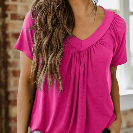 🌸Frauen lässiges plissiertes Kurzarm-Top mit V-Ausschnitt