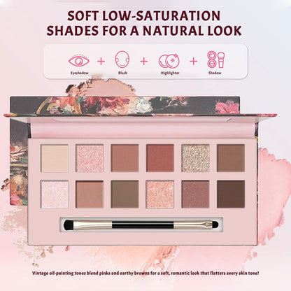 12-Farben-Palette mit mattem, perlmuttfarbenem Lidschatten in Rosa-Braun-Tönen🌸