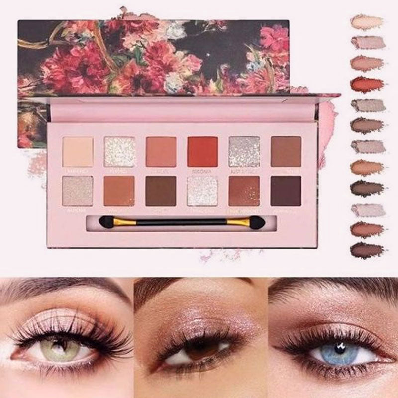 12-Farben-Palette mit mattem, perlmuttfarbenem Lidschatten in Rosa-Braun-Tönen🌸