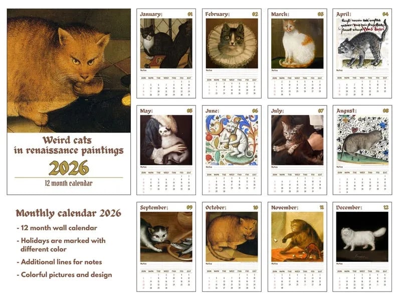 🔥Letzter Tag 49 % RABATT - 🗓️🎨 Treffen Sie die seltsamen Katzen in den Renaissance-Gemälden des Kalenders 2026