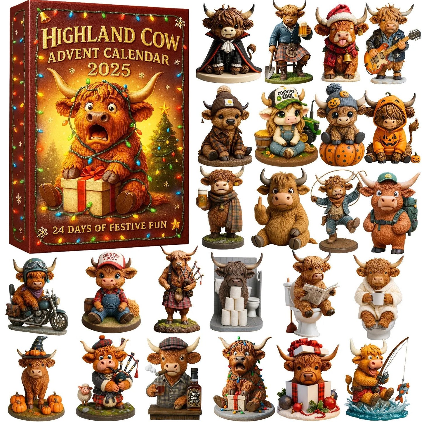🐮Highland Cow Adventskalender 2025🎄✨ - 3D-handgefertigte Hochlandkuh-Puppe (24 Stück)